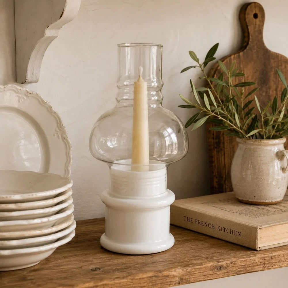 Vintage Hurricane Candle Holder White‎ Pottery Glass Fairy Lamp Cottage Decor
